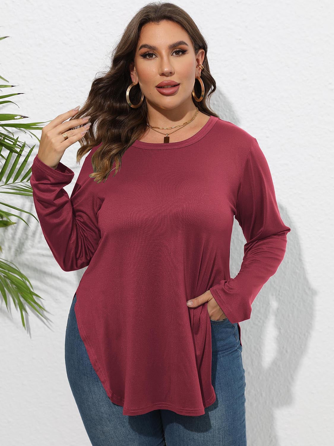 Round Neck Long Sleeve Side Slit Shirt