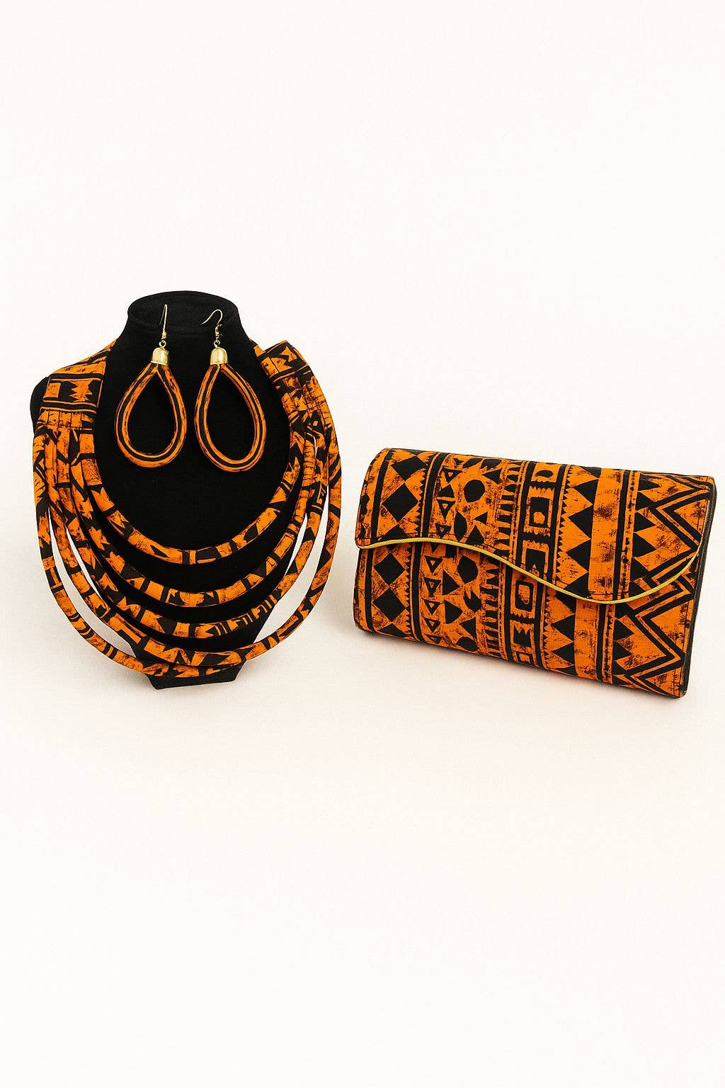 Orange Ankara Clutch Bag & Rope Necklace Set