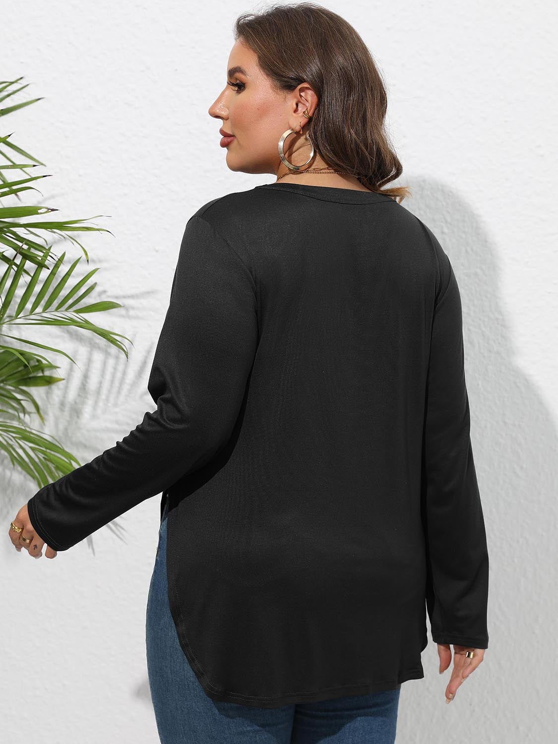 Round Neck Long Sleeve Side Slit Shirt
