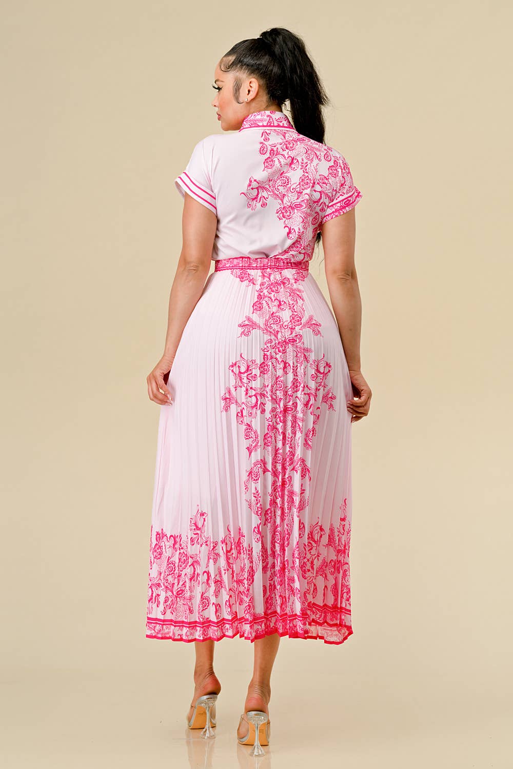 BUTTON DOWN BOW TIE TOP & PLEATED SKIRT SET - PINK