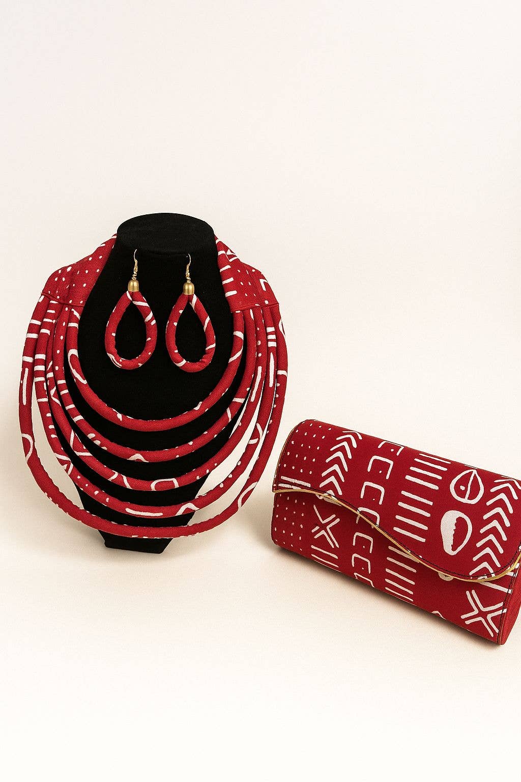 Red Ankara Clutch Bag & Rope Necklace Set