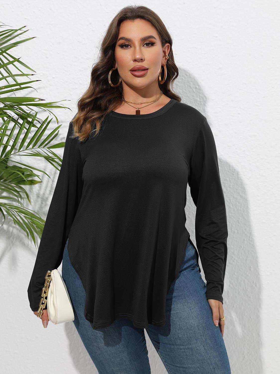 Round Neck Long Sleeve Side Slit Shirt