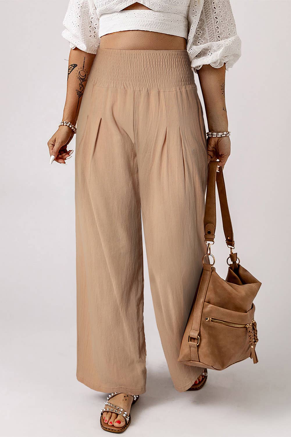 Smocked Wide Waistband High Waist Wide Leg Pants/S-3XL