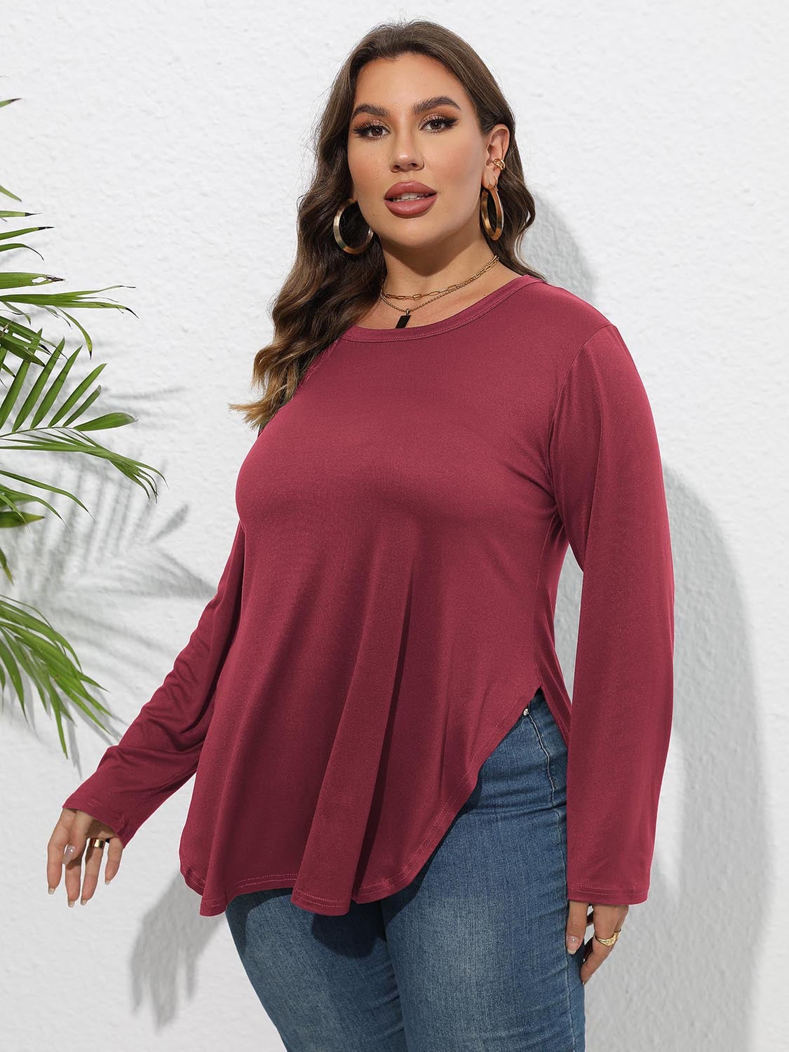 Round Neck Long Sleeve Side Slit Shirt