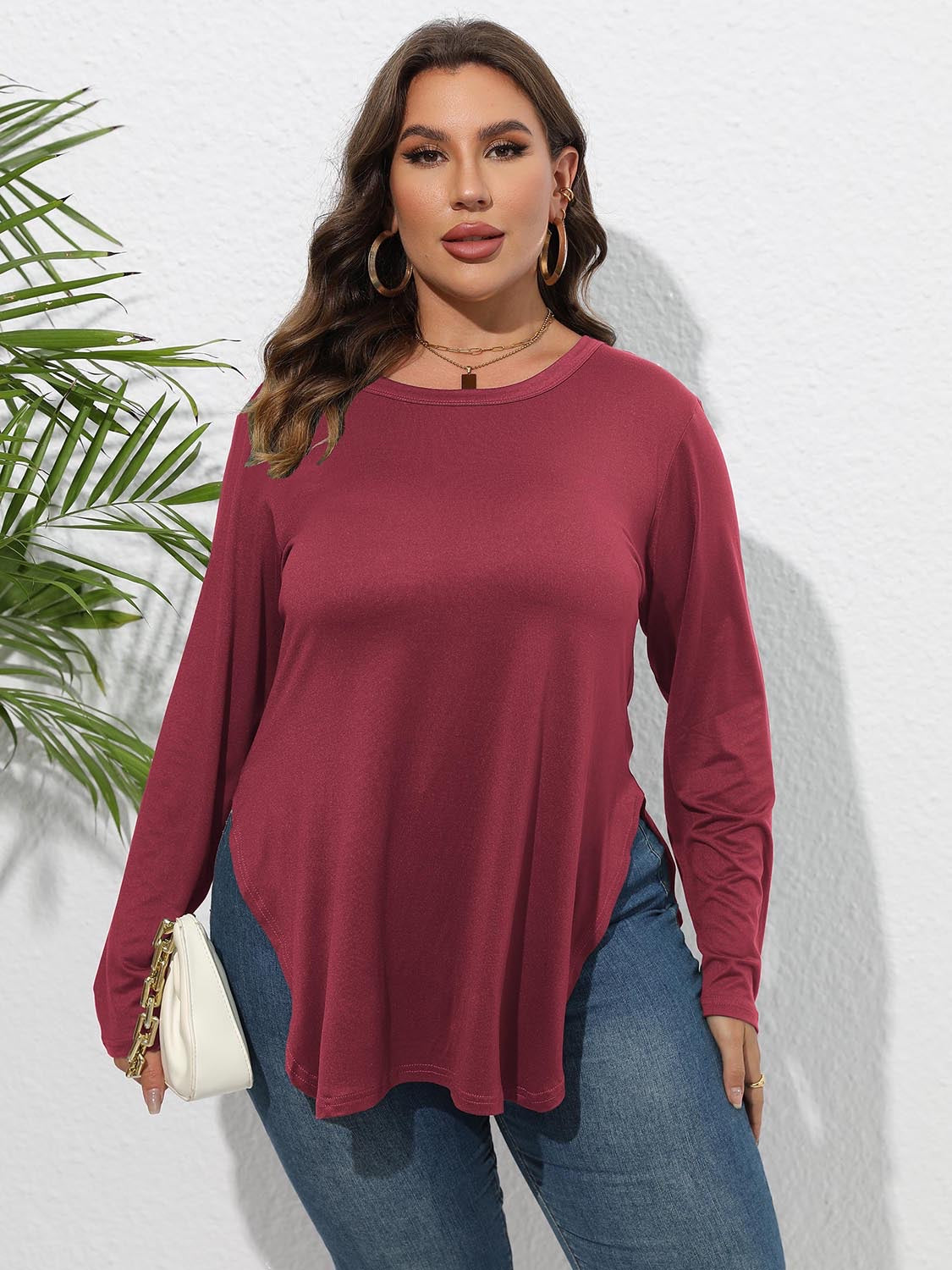 Round Neck Long Sleeve Side Slit Shirt
