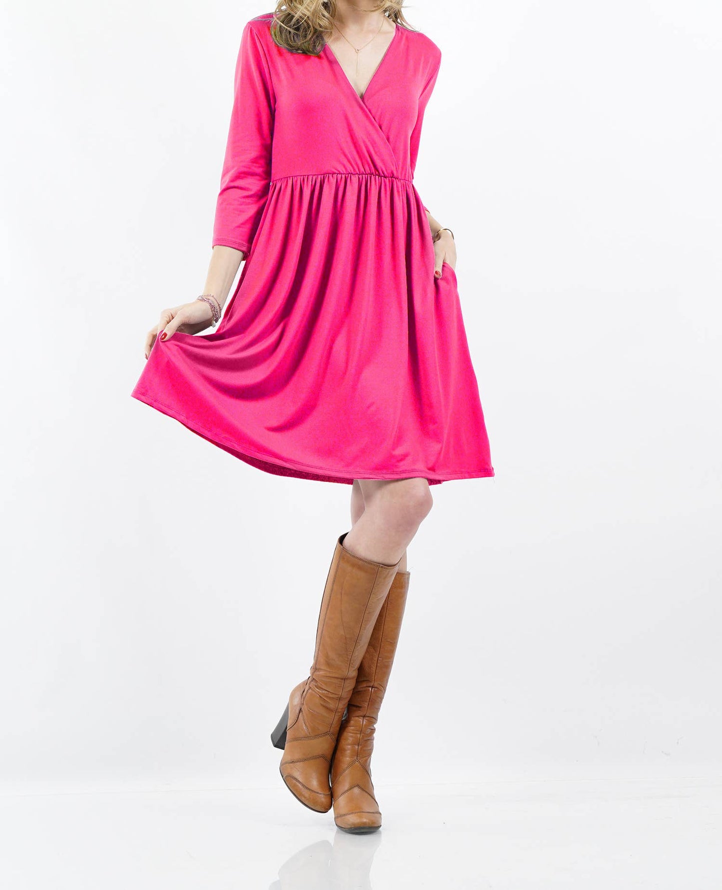 3/4 SLEEVE Empire Surplice Shirred TWO-POCKET TUNIC