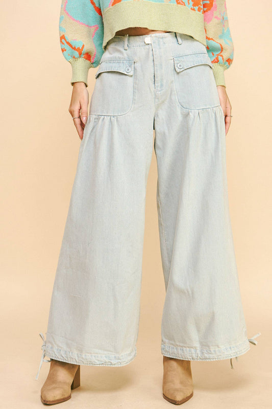 WIDE OPENING ADJUSTABLE MID HIGH WAIST DENIM PANTS