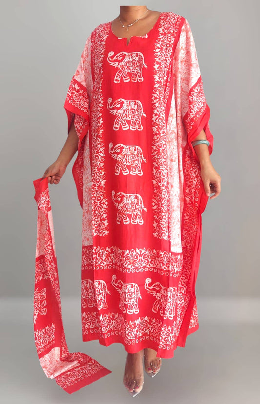 Red Elephant Print Kaftan Dress