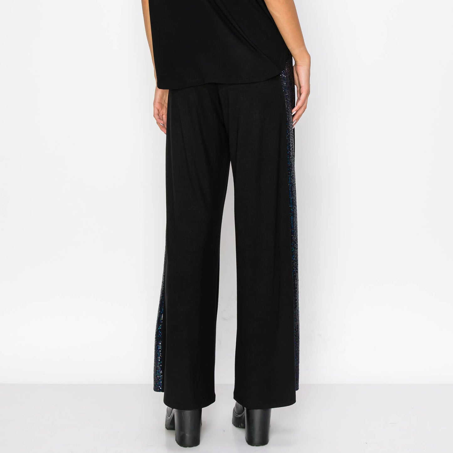 SEQUIN SIDE CONTRAST WIDE LEG PANTS