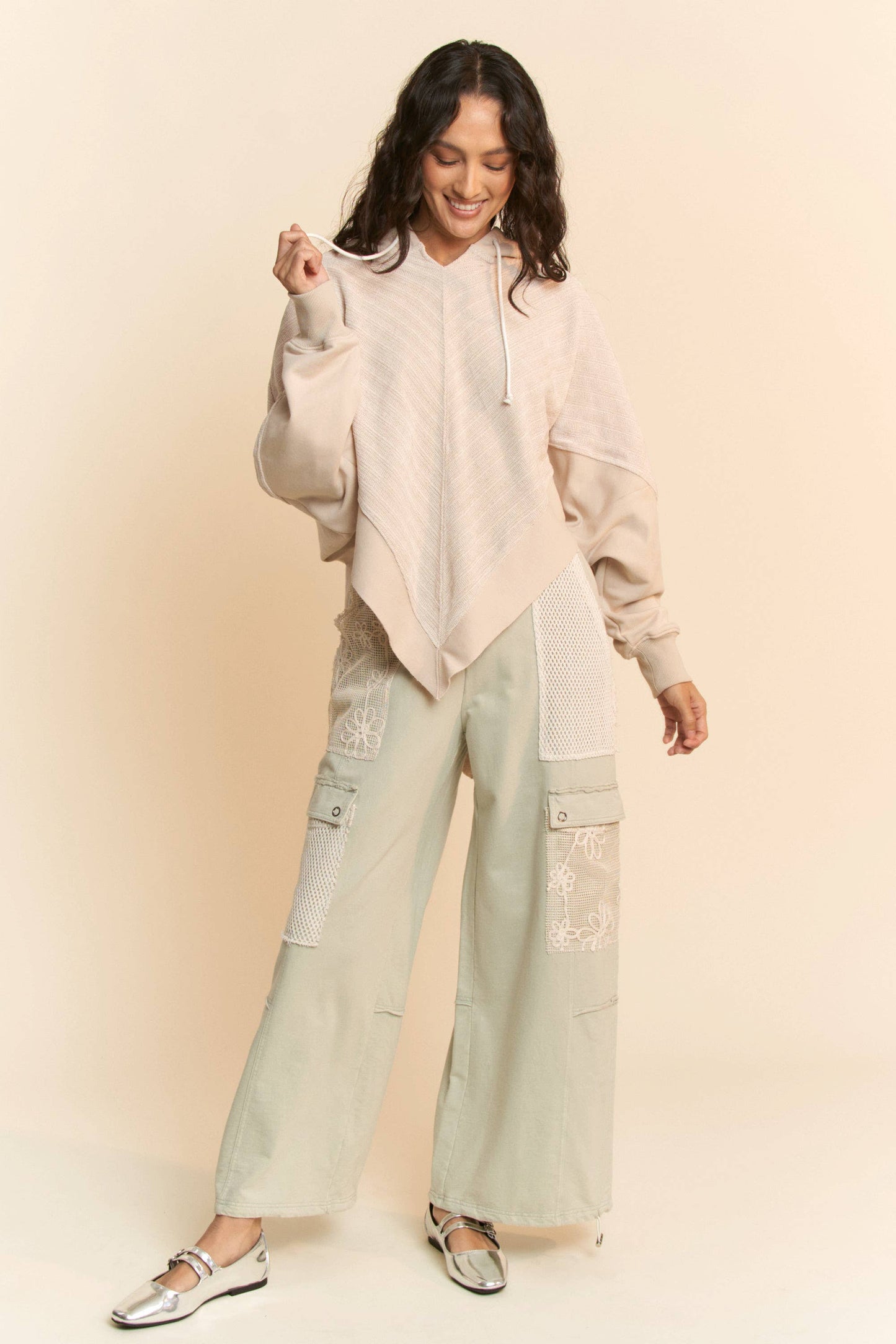 POINTED BOTTOM HEM FRENCH TERRY HOODIE TOP