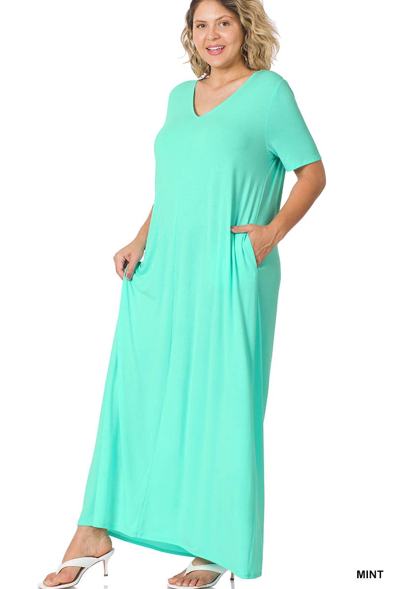 Curvy V Neck Short Sleeve Maxi Dress With Side Pocket