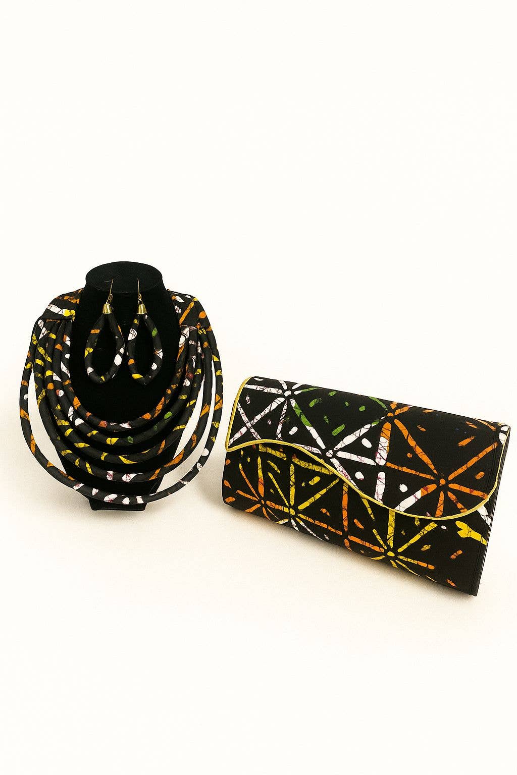 Black Ankara Clutch Bag & Rope  Necklace Set