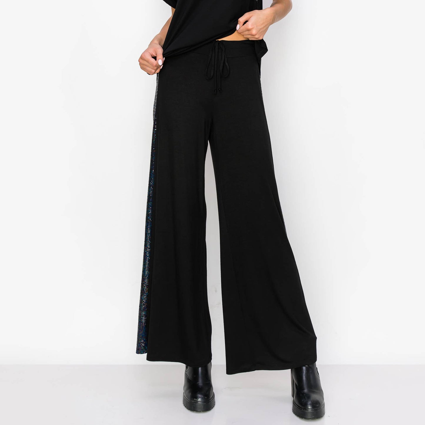 SEQUIN SIDE CONTRAST WIDE LEG PANTS