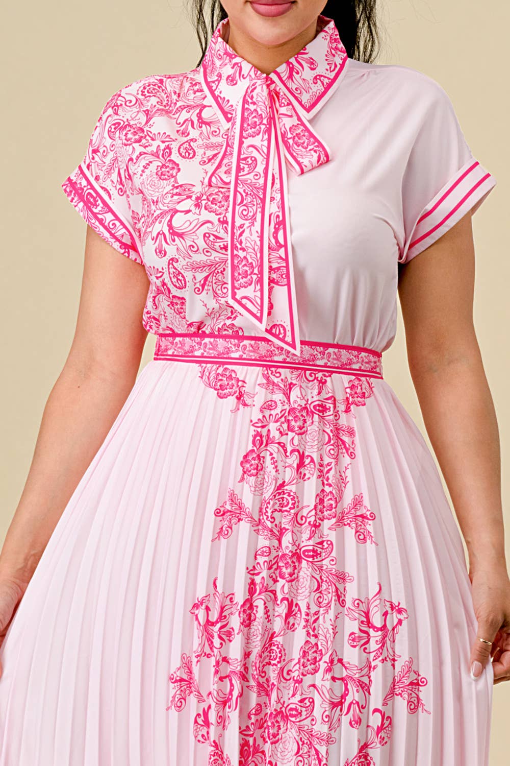 BUTTON DOWN BOW TIE TOP & PLEATED SKIRT SET - PINK