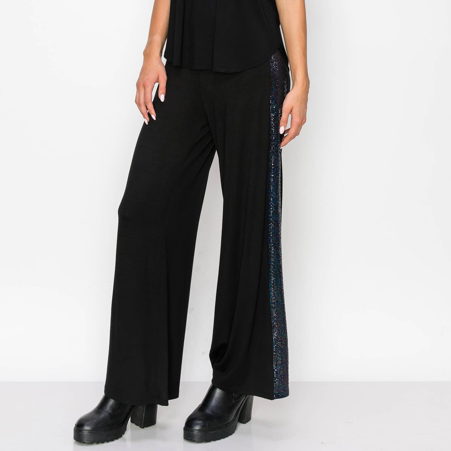 SEQUIN SIDE CONTRAST WIDE LEG PANTS