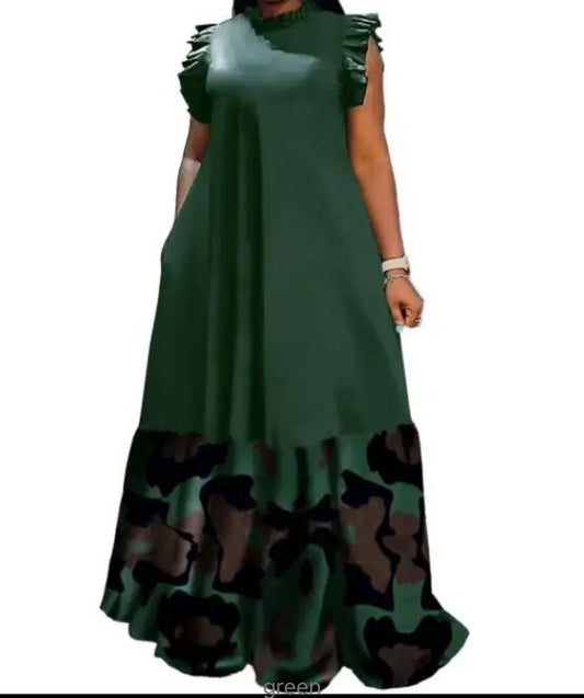 Green Camo Ruffle Maxi Dress