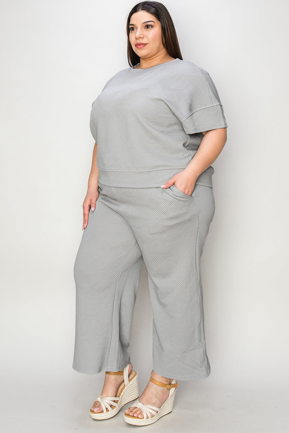 Texture Short Sleeve Top and Pants Set