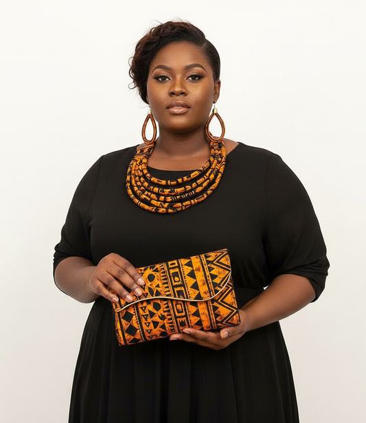 Orange Ankara Clutch Bag & Rope  Necklace Set