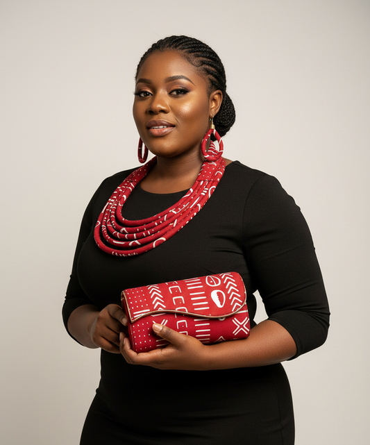Red Ankara Clutch Bag & Rope  Necklace Set
