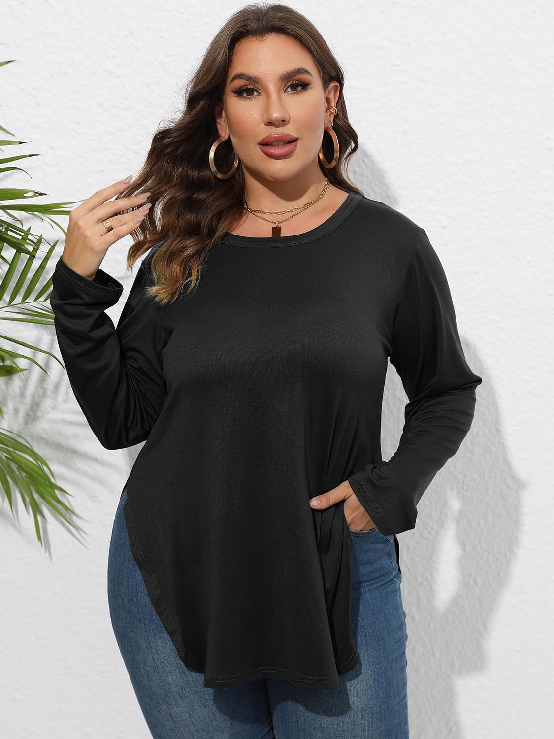 Curvy Round Neck Long Sleeve Side Slit Shirt