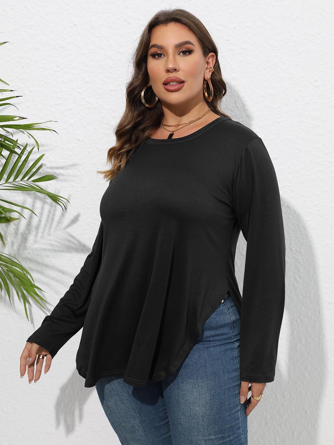 Curvy Round Neck Long Sleeve Side Slit Shirt