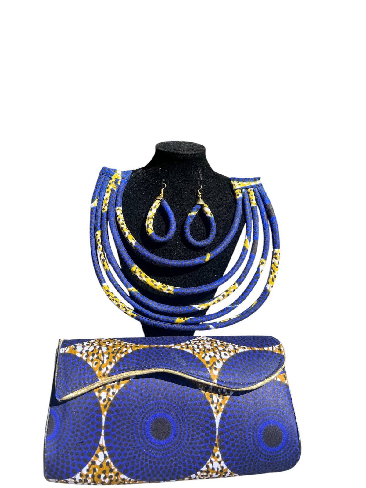 Blue Ankara Clutch Bag &  Ethnic Necklace Set