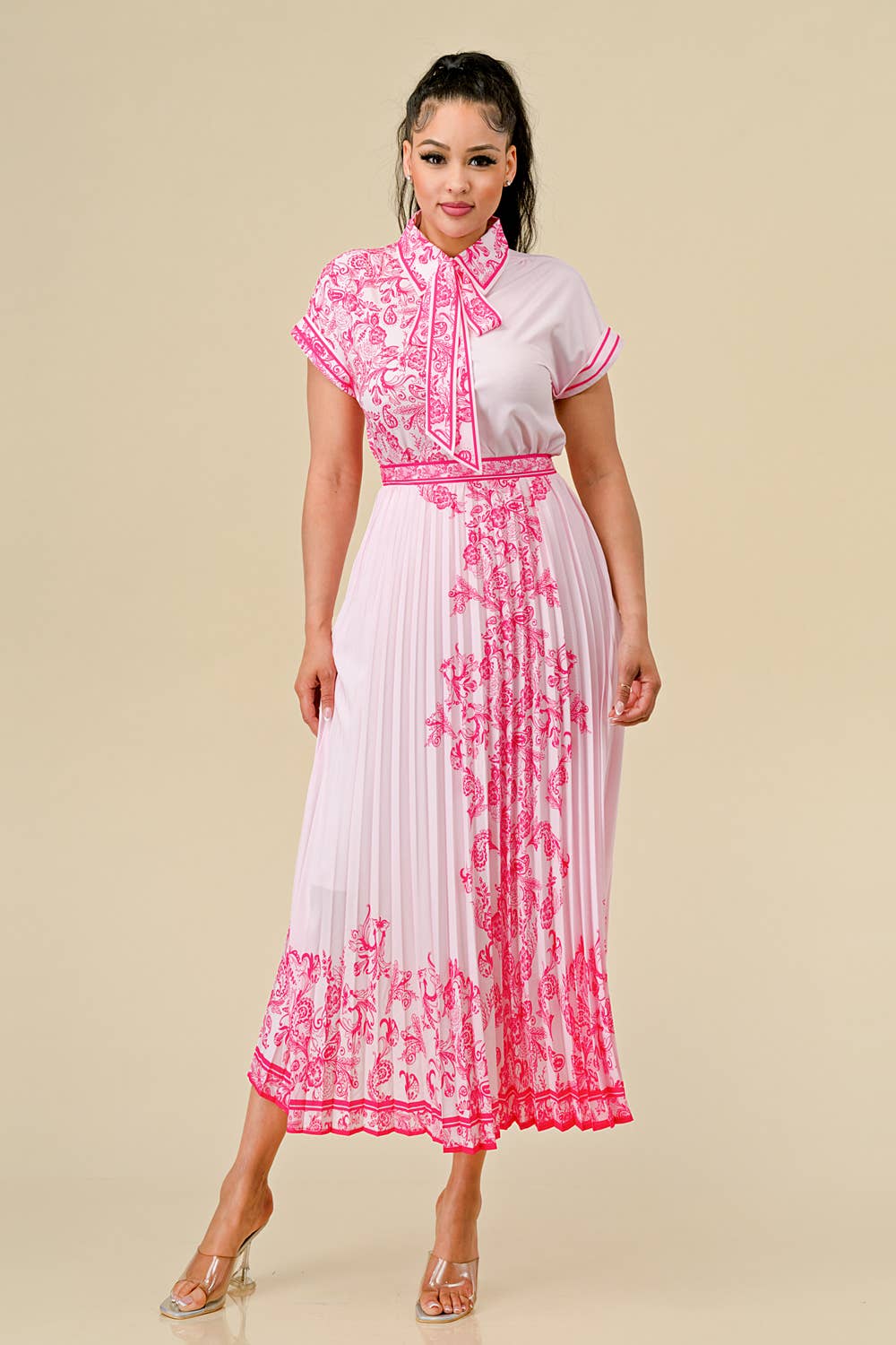 BUTTON DOWN BOW TIE TOP & PLEATED SKIRT SET - PINK