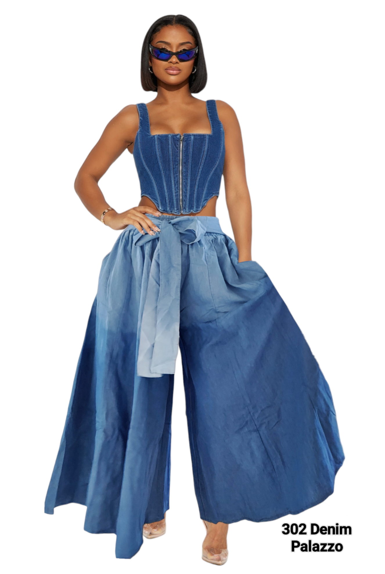 Women Two Tone Denim Palazzo Pan