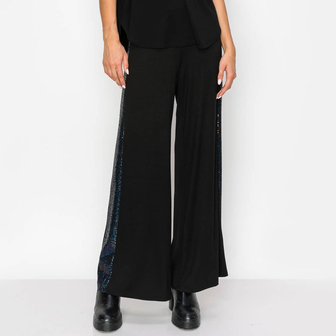 SEQUIN SIDE CONTRAST WIDE LEG PANTS