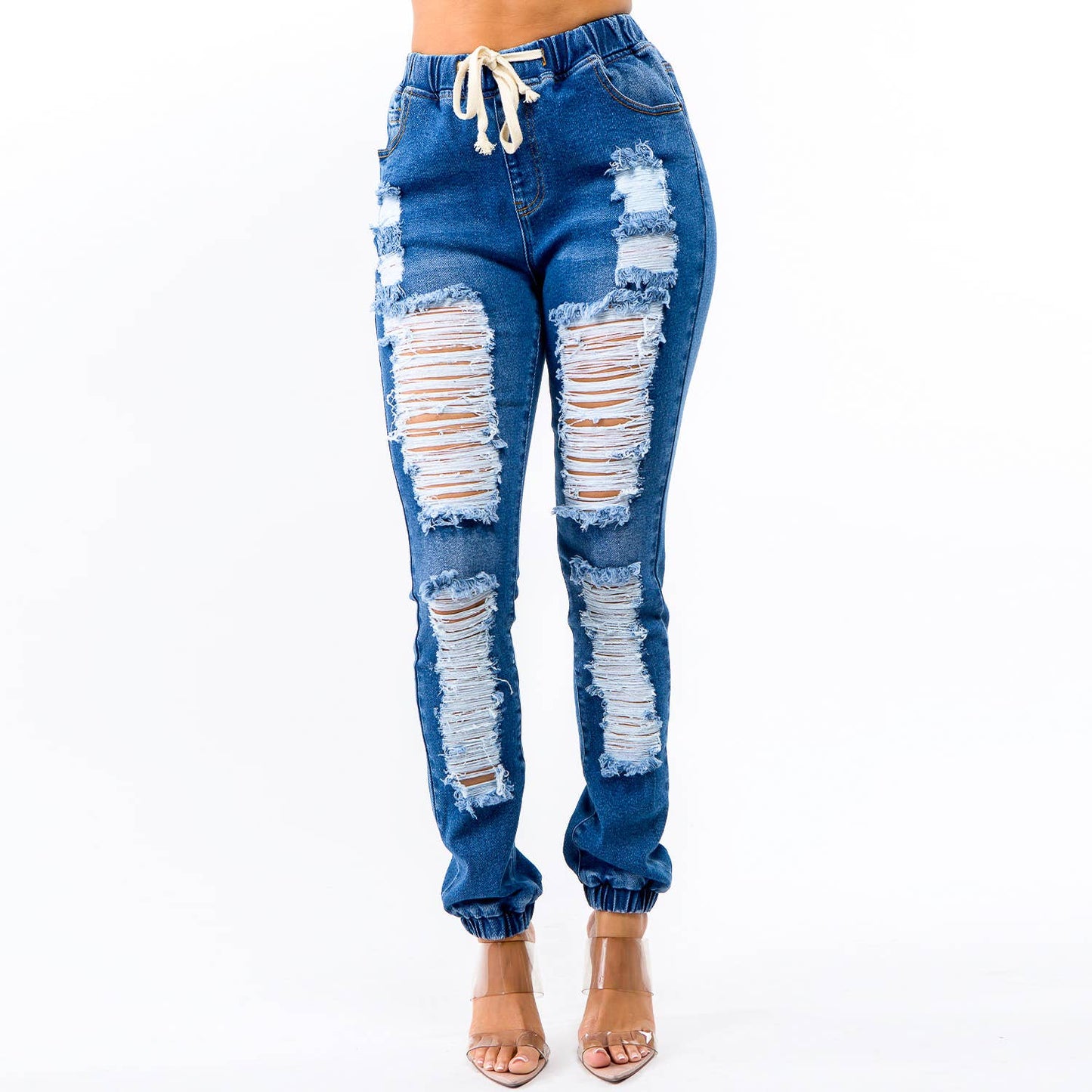 HIGH WAIST DISTRESSED FRONT DENIM JOGGERS