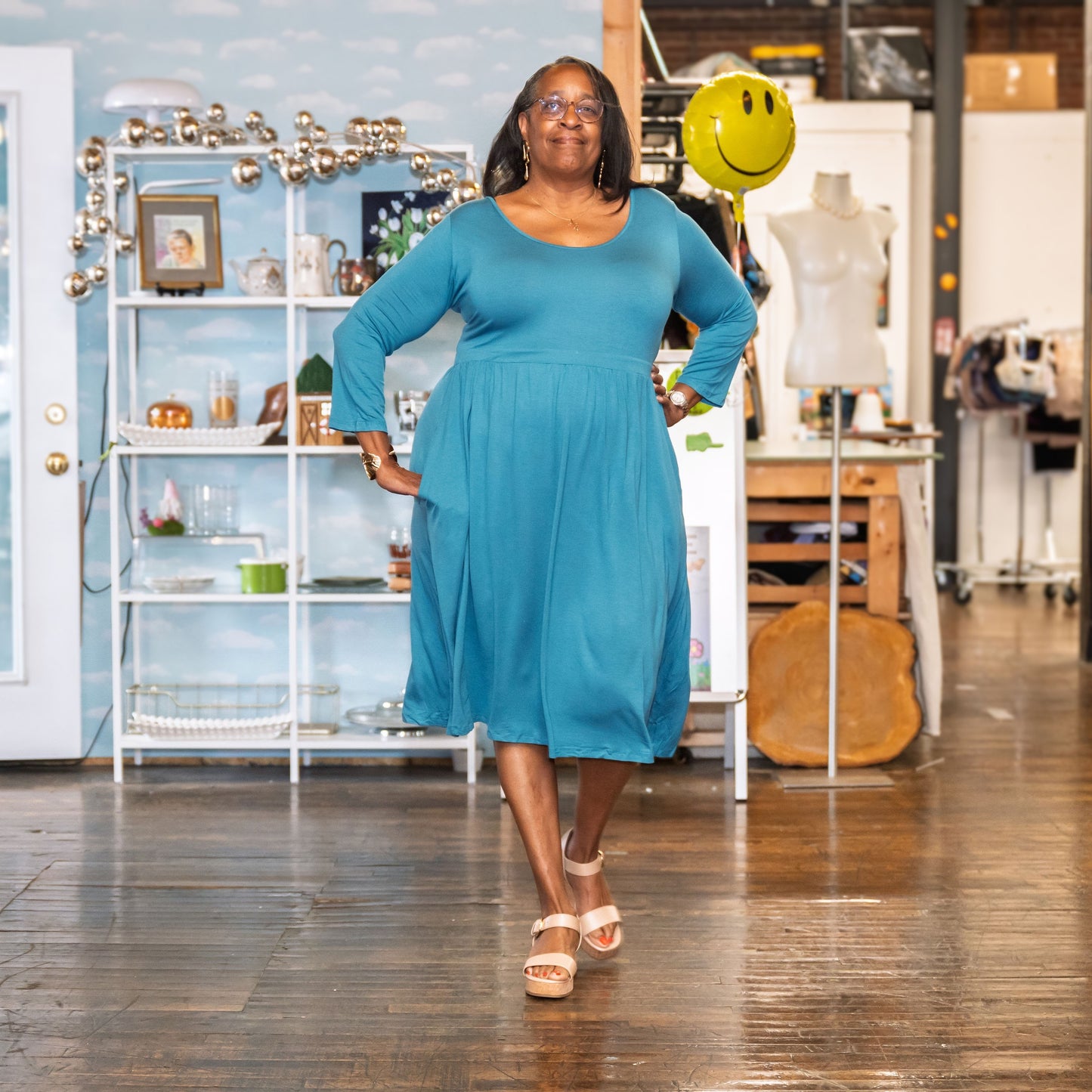 U NECK A LINE WAIST BANDED SWING DRESS