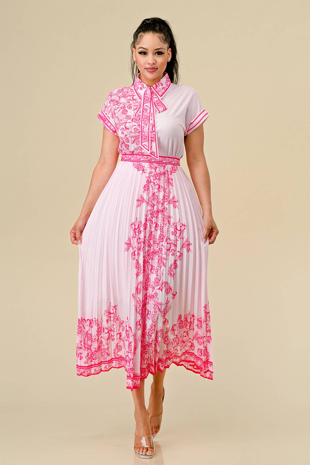 BUTTON DOWN BOW TIE TOP & PLEATED SKIRT SET - PINK