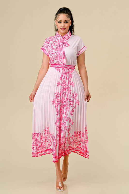 BUTTON DOWN BOW TIE TOP & PLEATED SKIRT SET - PINK